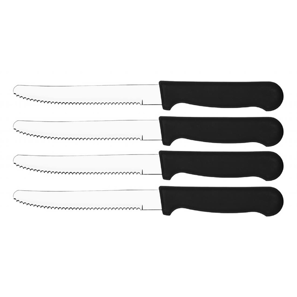Tablekraft Steak Knife Black Handle Rounded Tip Hangsell 18/0 Stainless Steel 253mm (4 Pack) Tablekraft Steak Knife Black Handle Rounded Tip Hangsell 18/0 Stainless Steel 253mm (4 Pack)