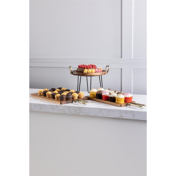 Olympia Round Dish Acacia Wood Metal Handles 345x305x80mm Olympia Round Dish Acacia Wood Metal Handles 345x305x80mm