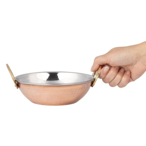 Olympia Copper Kadai Dish Stainless Steel Brass Handles 660ml