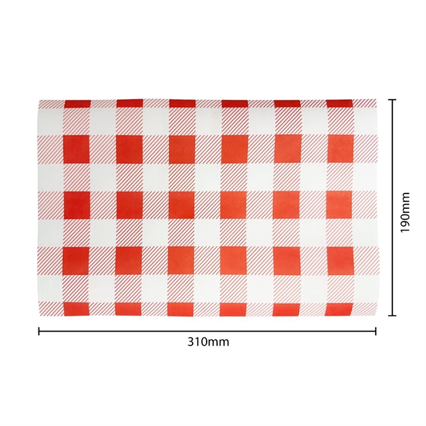 Fiesta Compostable Red Gingham Greaseproof Sheets 310x190mm (200 Pack) Fiesta Compostable Red Gingham Greaseproof Sheets 310x190mm (200 Pack)