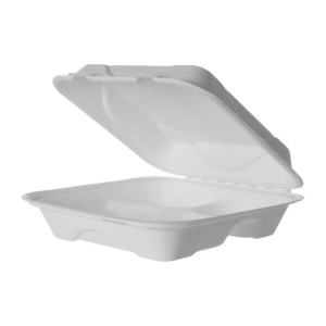 Detpak Sugarcane 3 Compartment Clamshell Container White 229x229x76(200 Pack) Detpak Sugarcane 3 Compartment Clamshell Container White 229x229x76(200 Pack)