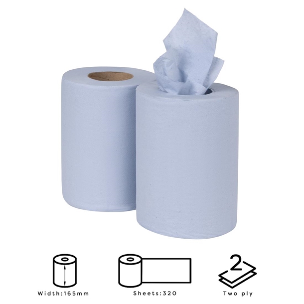 Nisbets Essentials Centrefeed Blue Rolls 2-Ply 320 Sheets (2 pack)