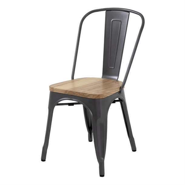 Bolero Steel Dining Side Chairs with Wooden Seat pads Grey (Pack of 4)