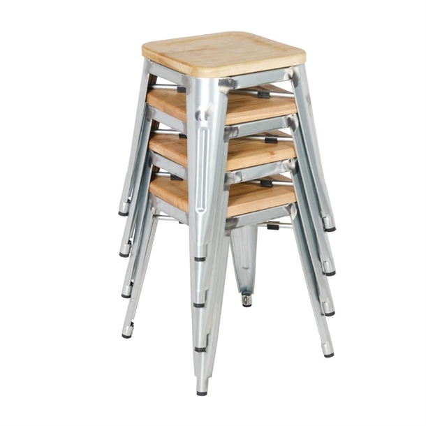 Bolero Bistro Metal Low Bar Stool with Wooden Seat Pad Steel (4 Pack)