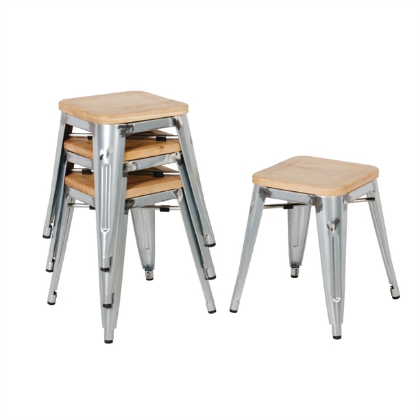 Bolero Bistro Metal Low Bar Stool with Wooden Seat Pad Steel (4 Pack)