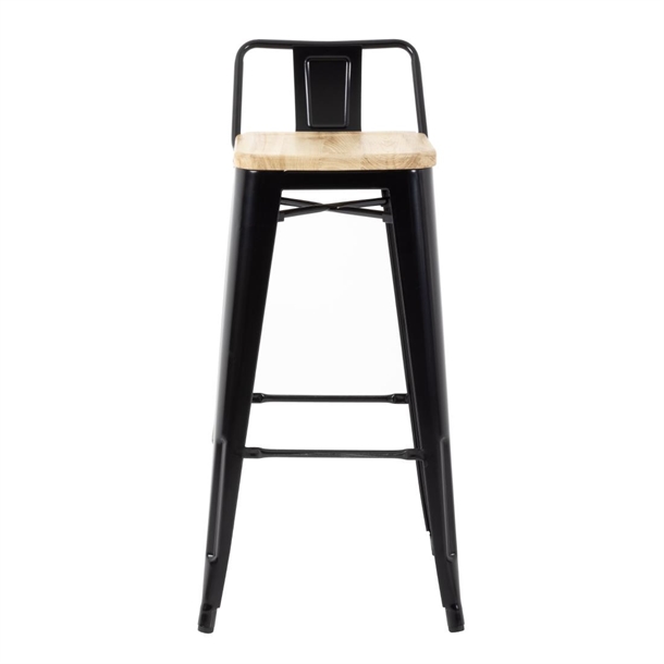 Bolero Bistro Metal High Bar Stool with Wooden Seat Pad and Back Rest Black (Pack of 4)