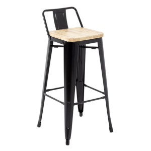 Bolero Bistro Metal High Bar Stool with Wooden Seat Pad and Back Rest Black (Pack of 4)