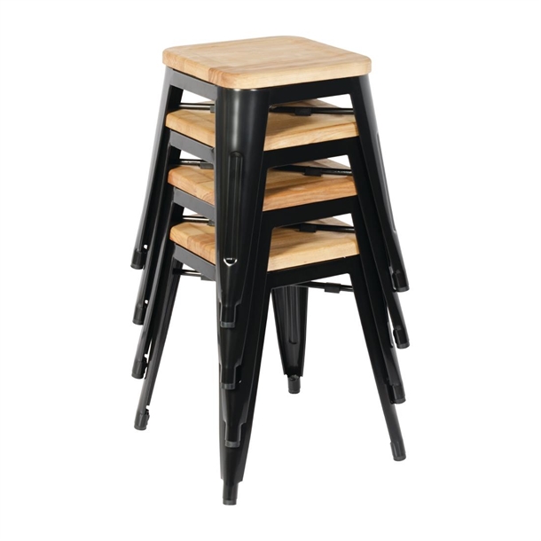 Bolero Bistro Metal Low Bar Stool with Wooden Seat Pad Black (Pack of 4) Bolero Bistro Metal Low Bar Stool with Wooden Seat Pad Black (Pack of 4)