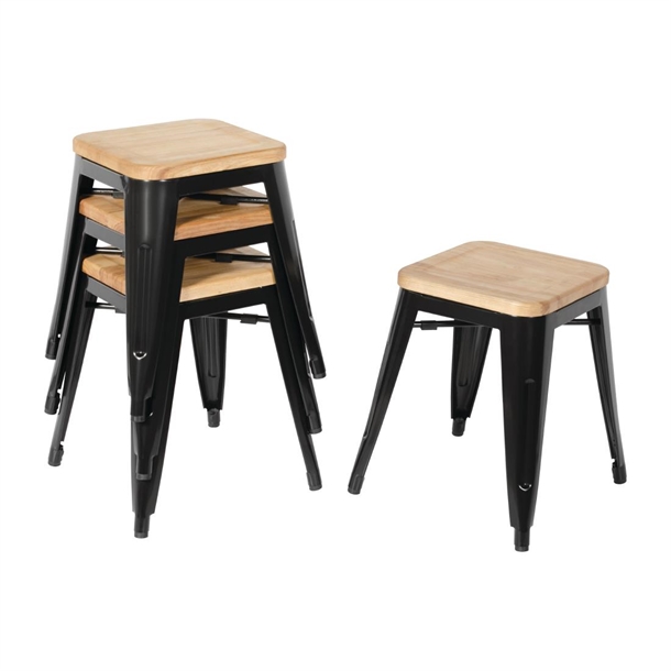 Bolero Bistro Metal Low Bar Stool with Wooden Seat Pad Black (Pack of 4) Bolero Bistro Metal Low Bar Stool with Wooden Seat Pad Black (Pack of 4)