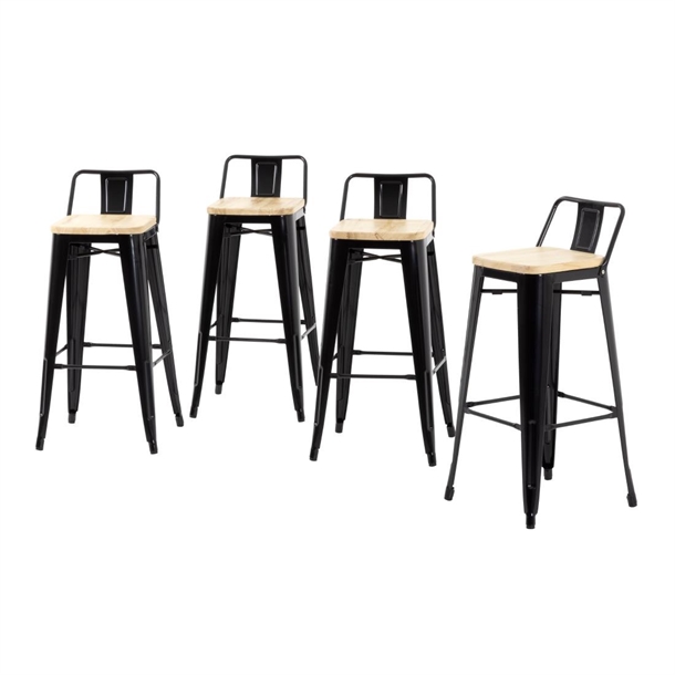 Bolero Bistro Metal High Bar Stool with Wooden Seat Pad and Back Rest Black (Pack of 4)