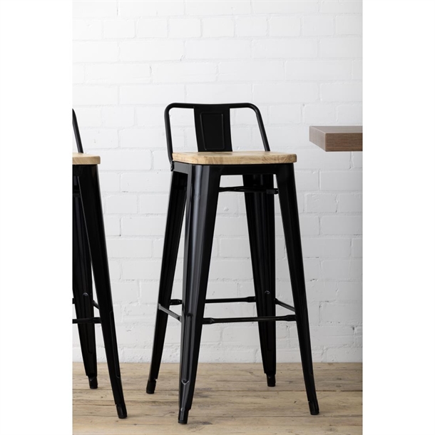 Bolero Bistro Metal High Bar Stool with Wooden Seat Pad and Back Rest Black (Pack of 4)
