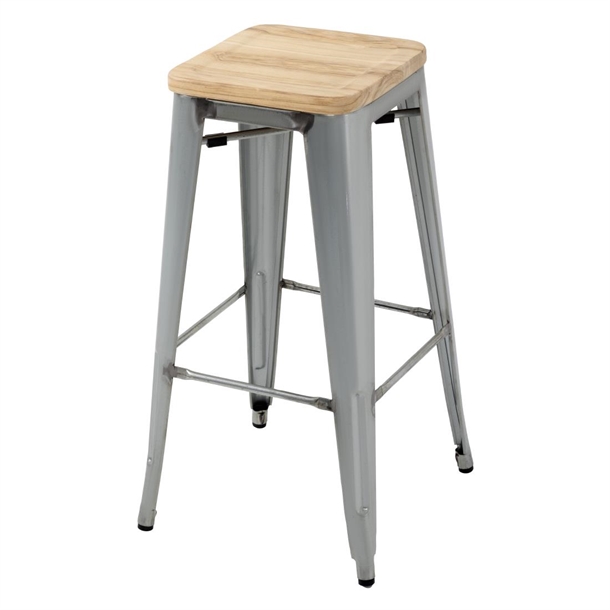 Bolero Bistro High Stools with Wooden Seat Pad Galvanised Steel (4 Pack)