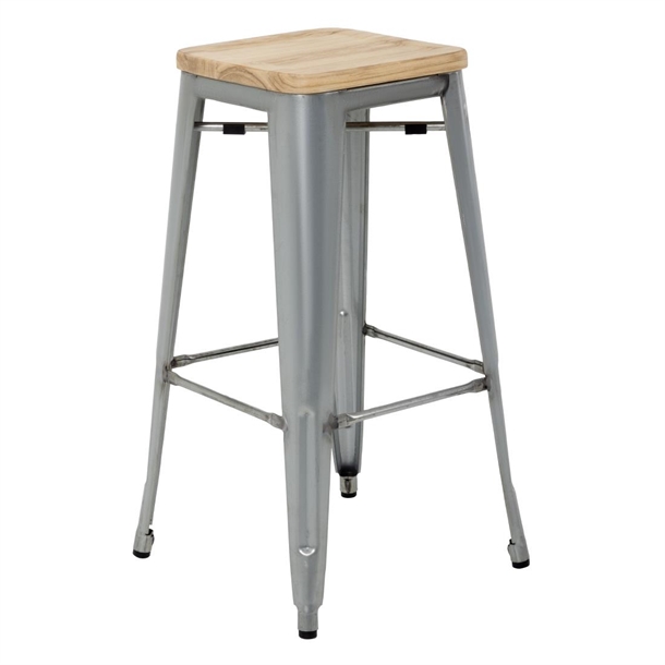 Bolero Bistro High Stools with Wooden Seat Pad Galvanised Steel (4 Pack)