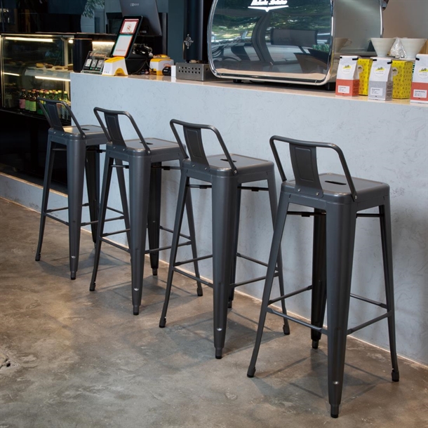 Bolero High Metal Bar Stools with Back Rests Gun Metal Grey (4 Pack)