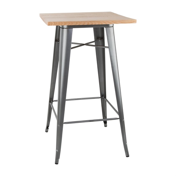 Bolero Bistro Metal Square Bar Table Gun Metal Grey with Wooden Top 600mm Bolero Bistro Metal Square Bar Table Gun Metal Grey with Wooden Top 600mm
