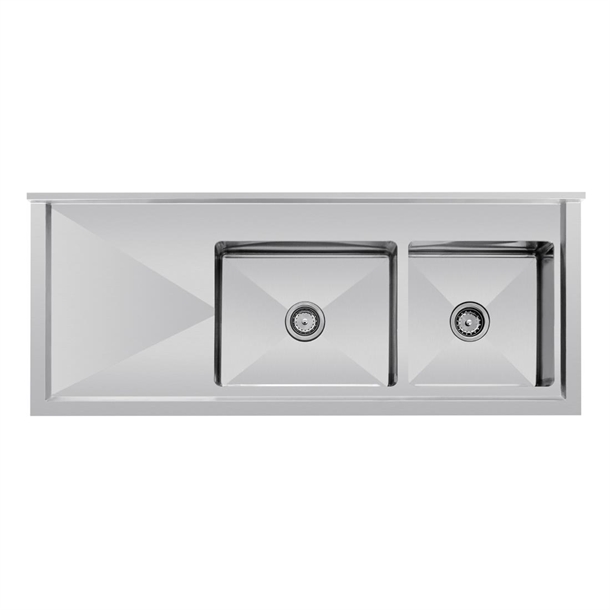 Vogue Double Bowl Sink L/H Drainer - 1500mm 90mm Drain Vogue Double Bowl Sink L/H Drainer - 1500mm 90mm Drain