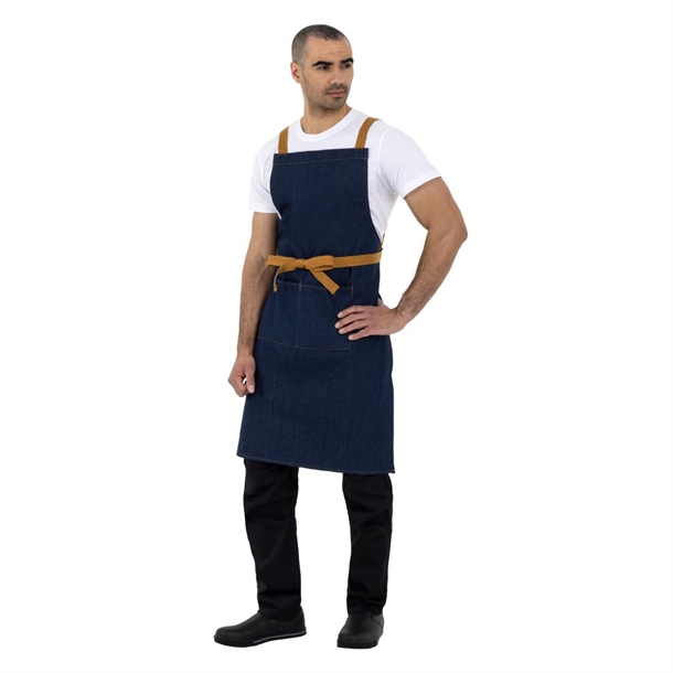 Southside X-Cross Back Bib Apron Denim Blue with Tan Ties