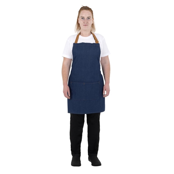 Southside Short Length Bib Apron Denim Blue with Tan Ties