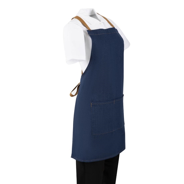Southside Short Length X-Cross Back Bib Apron Denim Blue with Tan Ties Southside Short Length X-Cross Back Bib Apron Denim Blue with Tan Ties