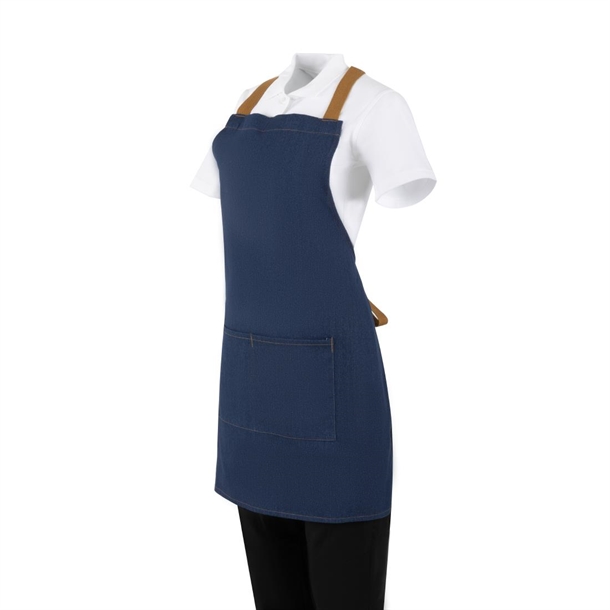 Southside Short Length X-Cross Back Bib Apron Denim Blue with Tan Ties Southside Short Length X-Cross Back Bib Apron Denim Blue with Tan Ties