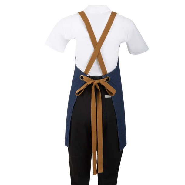 Southside Short Length X-Cross Back Bib Apron Denim Blue with Tan Ties Southside Short Length X-Cross Back Bib Apron Denim Blue with Tan Ties