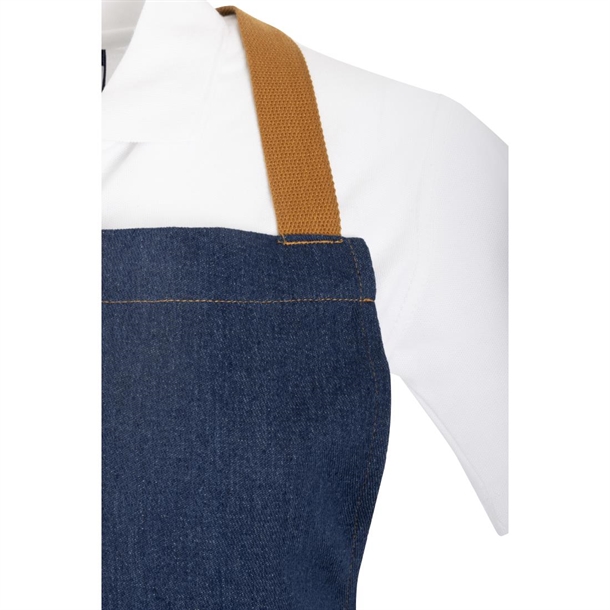 Southside Short Length X-Cross Back Bib Apron Denim Blue with Tan Ties Southside Short Length X-Cross Back Bib Apron Denim Blue with Tan Ties