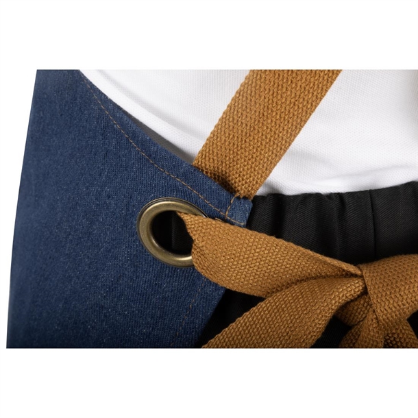 Southside Short Length X-Cross Back Bib Apron Denim Blue with Tan Ties Southside Short Length X-Cross Back Bib Apron Denim Blue with Tan Ties