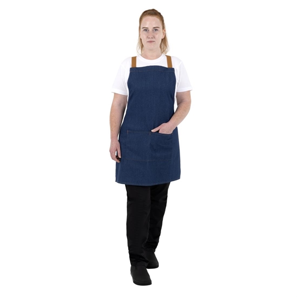 Southside Short Length X-Cross Back Bib Apron Denim Blue with Tan Ties Southside Short Length X-Cross Back Bib Apron Denim Blue with Tan Ties