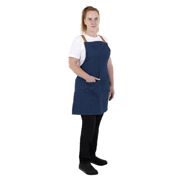Southside Short Length X-Cross Back Bib Apron Denim Blue with Tan Ties Southside Short Length X-Cross Back Bib Apron Denim Blue with Tan Ties