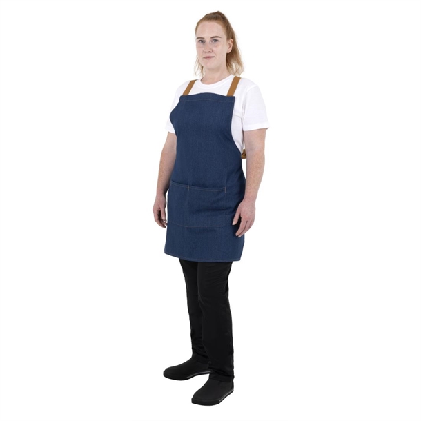Southside Short Length X-Cross Back Bib Apron Denim Blue with Tan Ties Southside Short Length X-Cross Back Bib Apron Denim Blue with Tan Ties