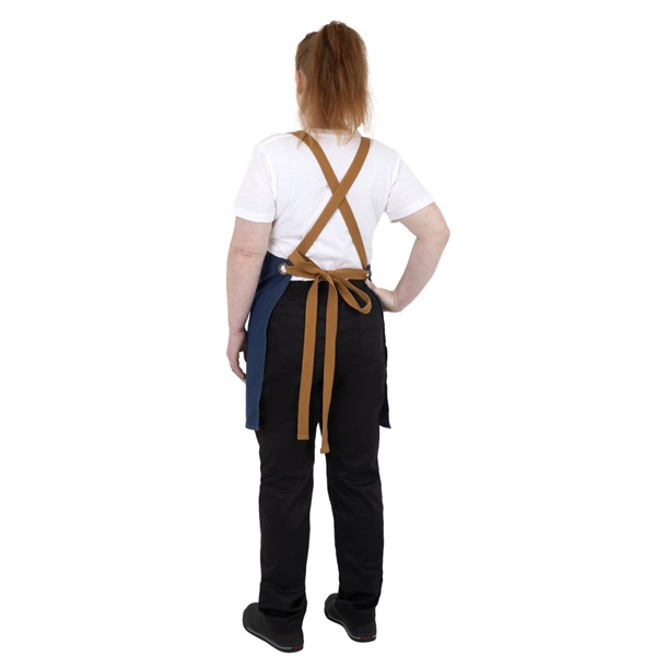 Southside Short Length X-Cross Back Bib Apron Denim Blue with Tan Ties Southside Short Length X-Cross Back Bib Apron Denim Blue with Tan Ties