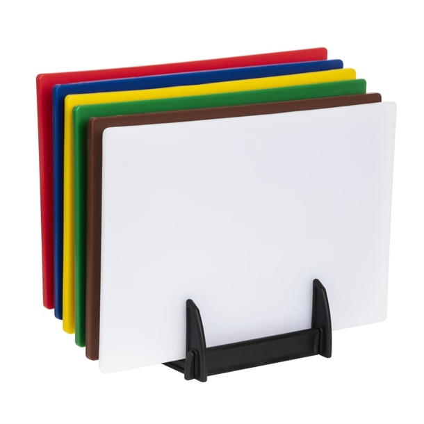 Hygiplas Low Density Set of 6 Chopping Boards with Rack - 450x300x10mm Hygiplas Low Density Set of 6 Chopping Boards with Rack - 450x300x10mm