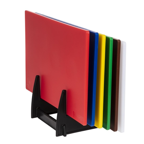 Hygiplas Low Density Set of 6 Chopping Boards with Rack - 450x300x10mm Hygiplas Low Density Set of 6 Chopping Boards with Rack - 450x300x10mm