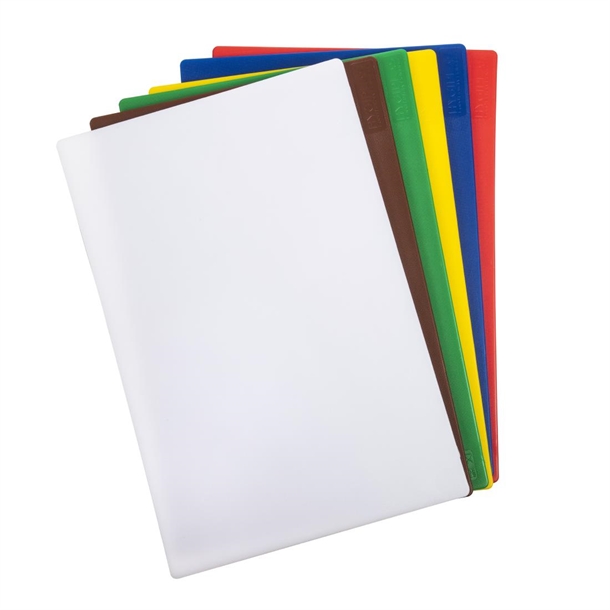Hygiplas Low Density Set of 6 Chopping Boards with Rack - 450x300x10mm Hygiplas Low Density Set of 6 Chopping Boards with Rack - 450x300x10mm
