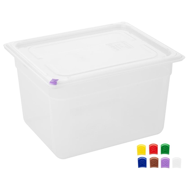Hygiplas Click PP 1/2 GN Container with Lid & 7 Colour Clips 200mm 11.7Ltr (4 Pack) Hygiplas Click PP 1/2 GN Container with Lid & 7 Colour Clips 200mm 11.7Ltr (4 Pack)