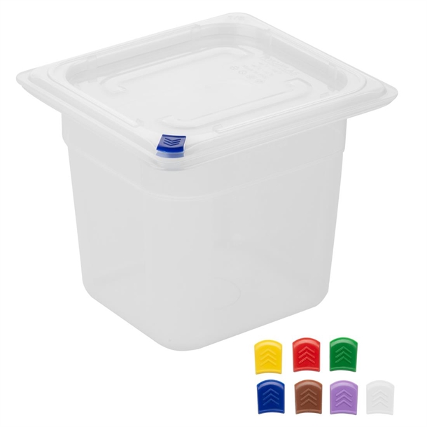Hygiplas Click PP 1/6 GN Container with Lid & 7 Colour Clips 150mm 2.2Ltr (4 Pack) Hygiplas Click PP 1/6 GN Container with Lid & 7 Colour Clips 150mm 2.2Ltr (4 Pack)