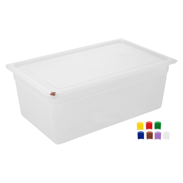 Hygiplas Click PP 1/1 GN Container with Lid & 7 Colour Clips 200mm 25.6Ltr (2 Pack) Hygiplas Click PP 1/1 GN Container with Lid & 7 Colour Clips 200mm 25.6Ltr (2 Pack)