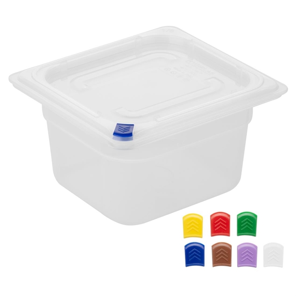Hygiplas Click PP 1/6 GN Container with Lid & 7 Colour Clips 100mm 1.5Ltr (4 Pack) Hygiplas Click PP 1/6 GN Container with Lid & 7 Colour Clips 100mm 1.5Ltr (4 Pack)