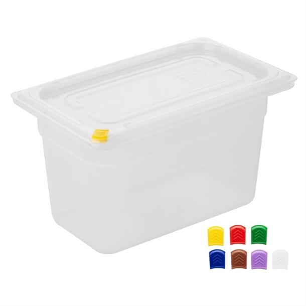Hygiplas Click PP 1/4 GN Container with Lid & 7 Colour Clips 150mm 3.7Ltr (4 Pack) Hygiplas Click PP 1/4 GN Container with Lid & 7 Colour Clips 150mm 3.7Ltr (4 Pack)