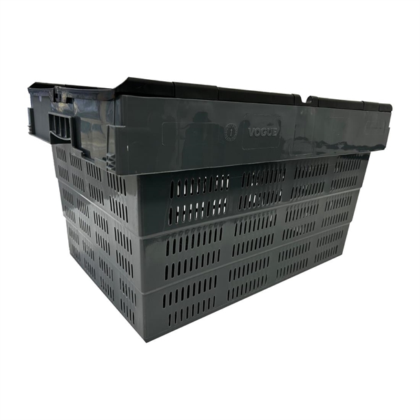 Vogue Perforated Plastic Transport Storage Crate with Attached Lid 600x400x320mm Vogue Perforated Plastic Transport Storage Crate with Attached Lid 600x400x320mm