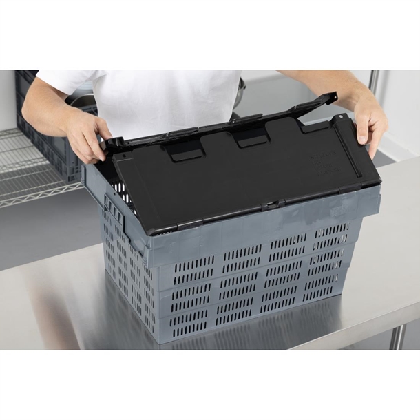 Vogue Perforated Plastic Transport Storage Crate with Attached Lid 600x400x320mm Vogue Perforated Plastic Transport Storage Crate with Attached Lid 600x400x320mm