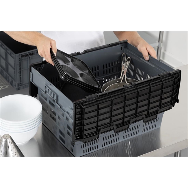 Vogue Perforated Plastic Transport Storage Crate with Attached Lid 600x400x320mm Vogue Perforated Plastic Transport Storage Crate with Attached Lid 600x400x320mm