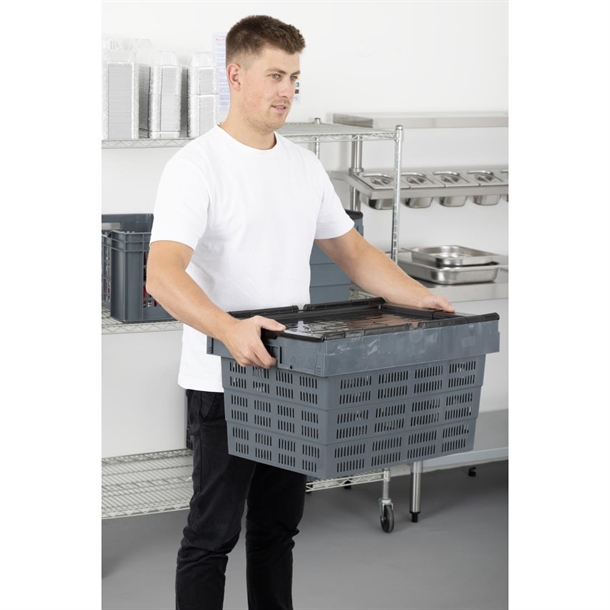 Vogue Perforated Plastic Transport Storage Crate with Attached Lid 600x400x320mm Vogue Perforated Plastic Transport Storage Crate with Attached Lid 600x400x320mm
