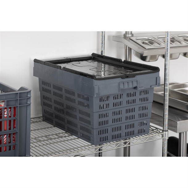 Vogue Perforated Plastic Transport Storage Crate with Attached Lid 600x400x320mm Vogue Perforated Plastic Transport Storage Crate with Attached Lid 600x400x320mm