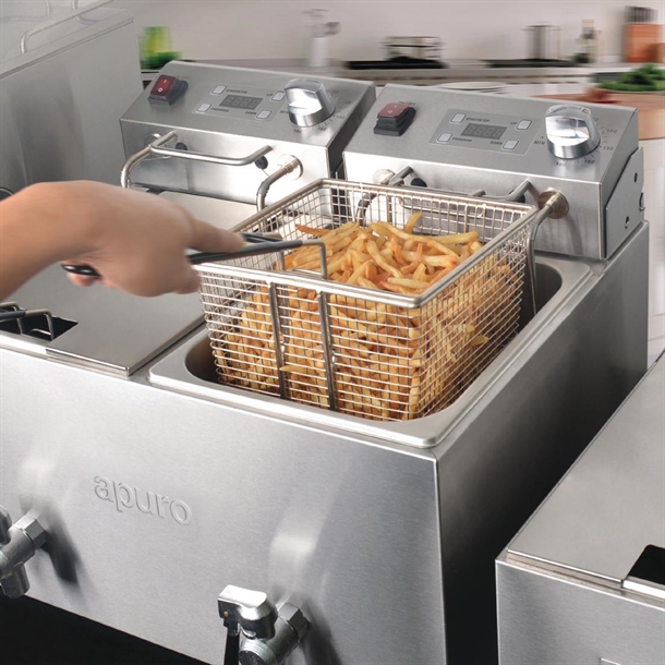 Apuro Twin Tank Fryer with Timer - 2x8Ltr - 2.9kW Apuro Twin Tank Fryer with Timer - 2x8Ltr - 2.9kW
