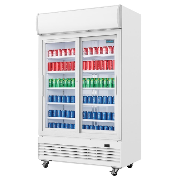 Polar G-Series Upright Display Cooler with Light Box 950Ltr with Sliding Doors Polar G-Series Upright Display Cooler with Light Box 950Ltr with Sliding Doors