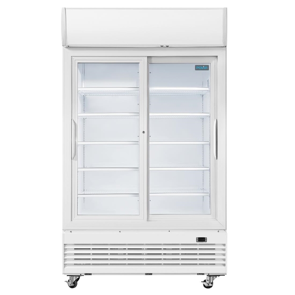 Polar G-Series Upright Display Cooler with Light Box 950Ltr with Sliding Doors Polar G-Series Upright Display Cooler with Light Box 950Ltr with Sliding Doors