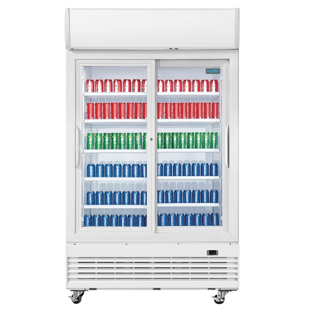 Polar G-Series Upright Display Cooler with Light Box 950Ltr with Sliding Doors Polar G-Series Upright Display Cooler with Light Box 950Ltr with Sliding Doors