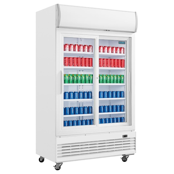 Polar G-Series Upright Display Cooler with Light Box 950Ltr with Sliding Doors Polar G-Series Upright Display Cooler with Light Box 950Ltr with Sliding Doors