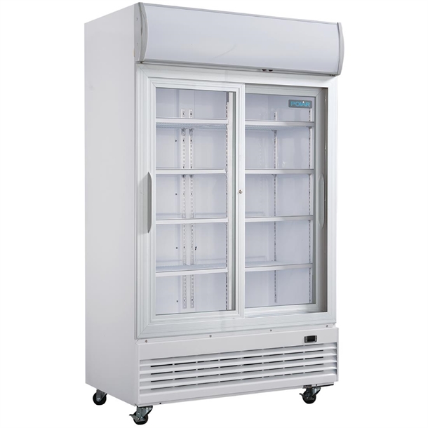 Polar G-Series Upright Display Cooler with Light Box 950Ltr with Sliding Doors Polar G-Series Upright Display Cooler with Light Box 950Ltr with Sliding Doors